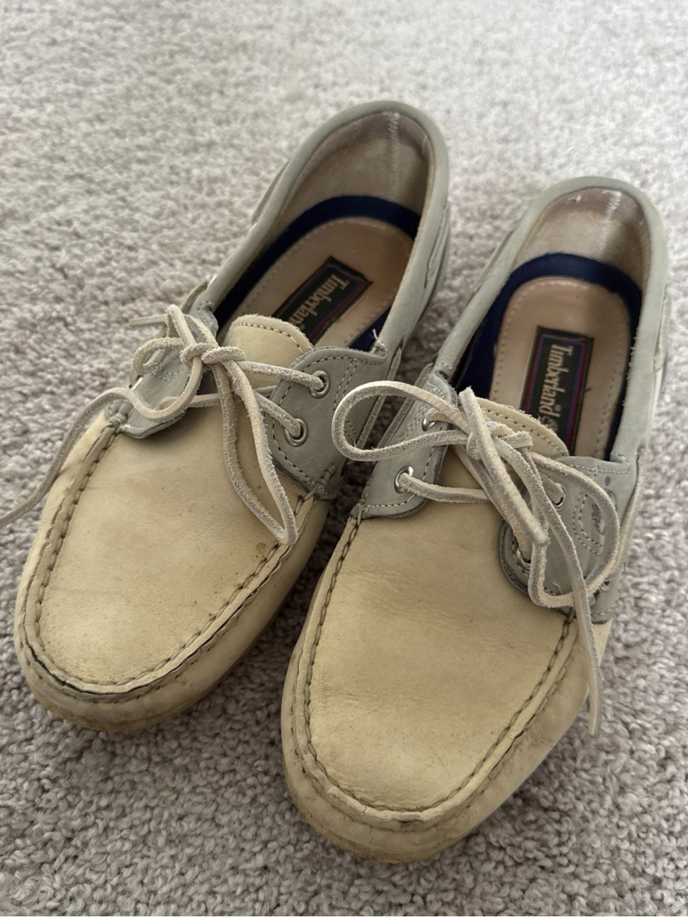 Timberland Vintage Women's Boat Shoes Leather Blue Beige Sz 7W Loafer Moccasin